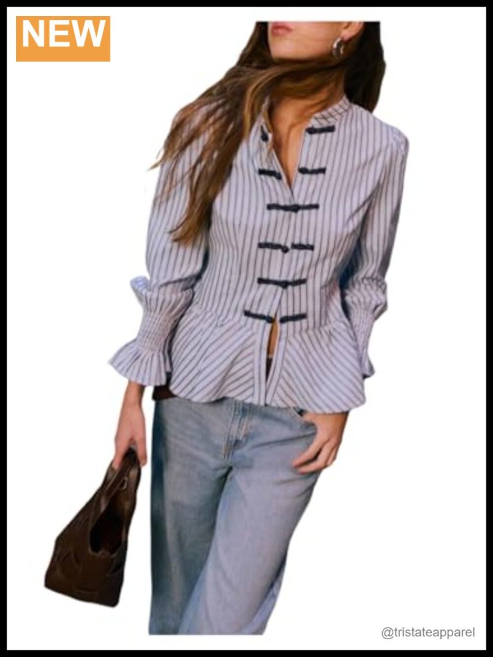 Striped Mandarin Collar Peplum Blouse Long Sleeve Frog Button Top